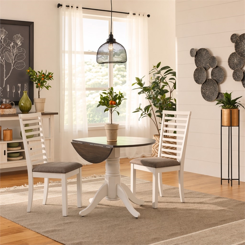 Pemberly Row 3-Piece Drop Leaf Dining Set in White and Carbon Gray