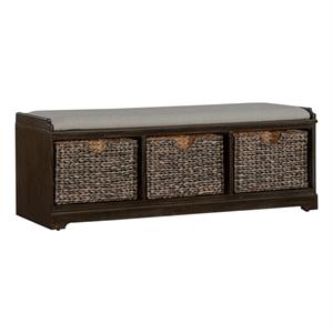 Pemberly Row Wood Wall Bench with Sea Grass Baskets in Peppercorn Espresso