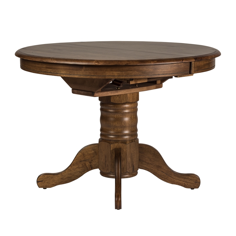 Pemberly Row 3 Piece Dining Set with Expandable Round Wood Table in Brown