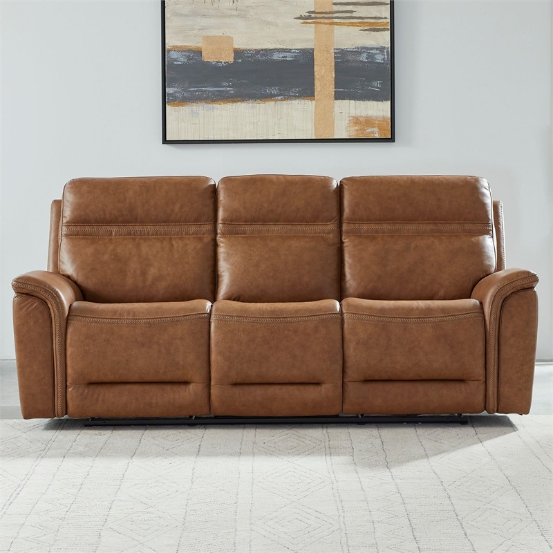 Pemberly Row Cooper Transitional Leather Power Reclining Sofa in Camel