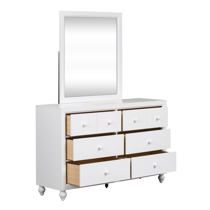 Pemberly Row White Dresser & Mirror with 6 Drawers and Wooden Knob Hardware