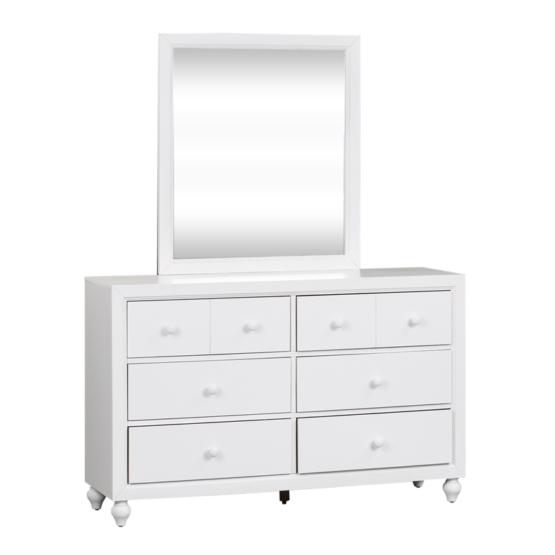 Pemberly Row White Dresser & Mirror with 6 Drawers and Wooden Knob Hardware