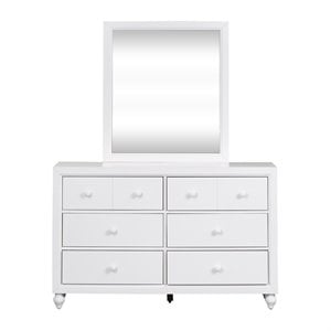 Pemberly Row White Dresser & Mirror with 6 Drawers and Wooden Knob Hardware