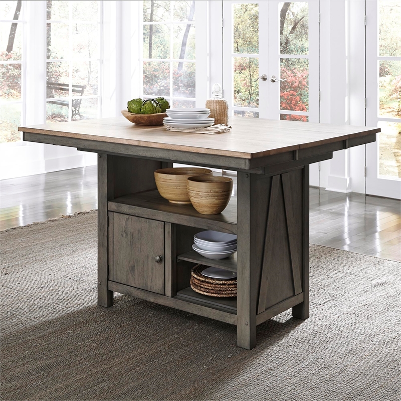 Pemberly Row Solid Rubber Wood Kitchen Island in Gray and Sandstone