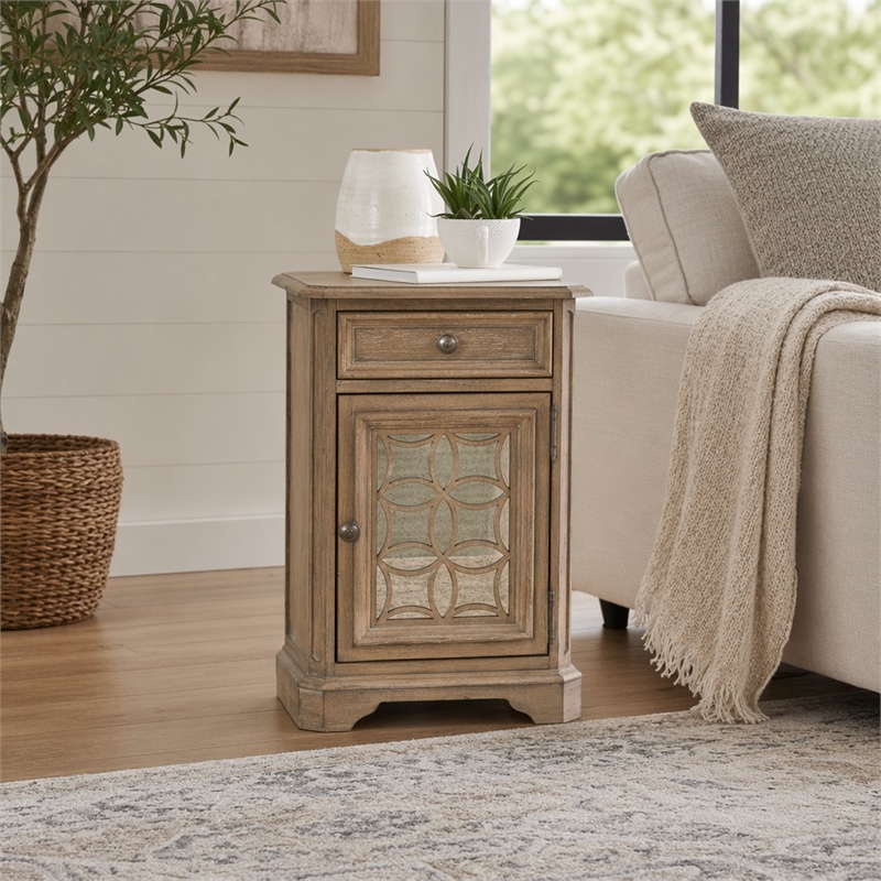 Pemberly Row Mirrored Chair Side Table in Weathered Bisque with Bead Molding