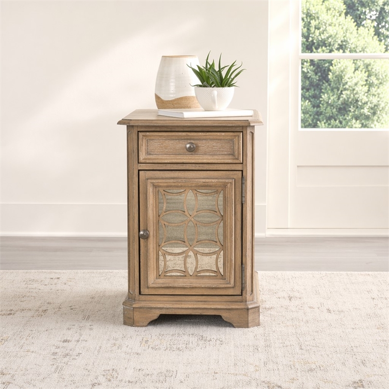 Pemberly Row Mirrored Chair Side Table in Weathered Bisque with Bead Molding