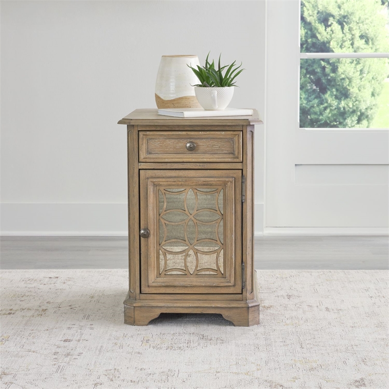 Pemberly Row Mirrored Chair Side Table in Weathered Bisque with Bead Molding