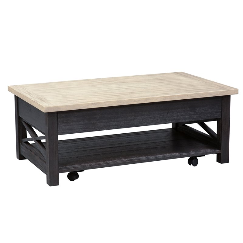 Pemberly Row Lift Top Cocktail Table in Charcoal and Ash with English Drawer
