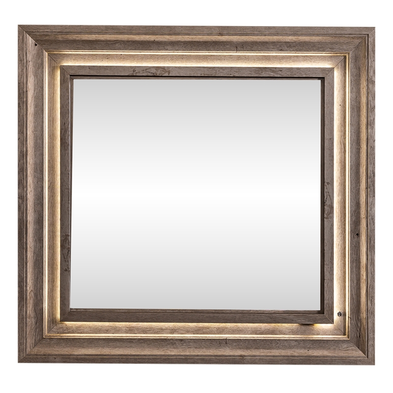 Pemberly Row Contemporary Wood Mirror with Inset LED Lights in Graystone