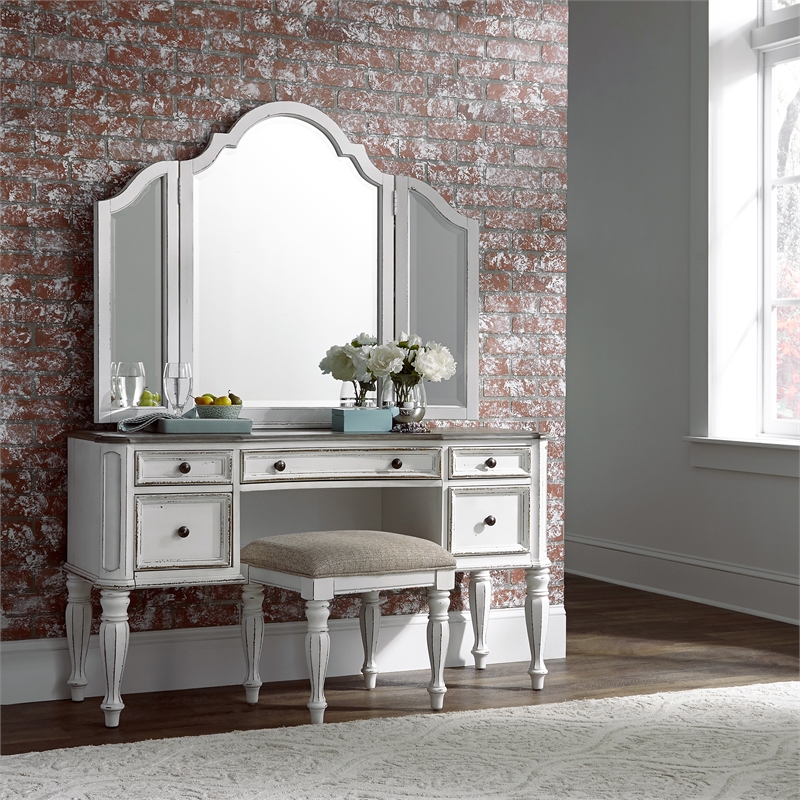 Pemberly Row Antique White Vanity Stool in Ivory Tweed Chenille