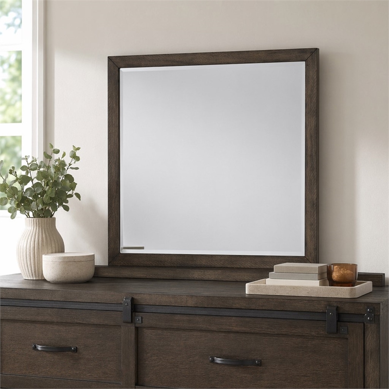 Pemberly Row Dark Gray Mirror with Heavy Distressing and Beveled Case