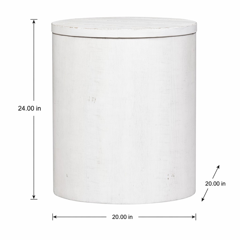 Pemberly Row White Drum End Table with Planked Top and Extra Storage