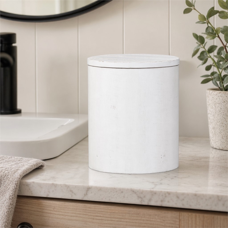 Pemberly Row White Drum End Table with Planked Top and Extra Storage