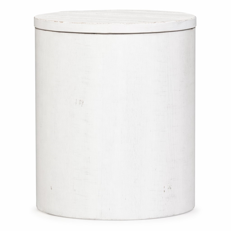 Pemberly Row White Drum End Table with Planked Top and Extra Storage