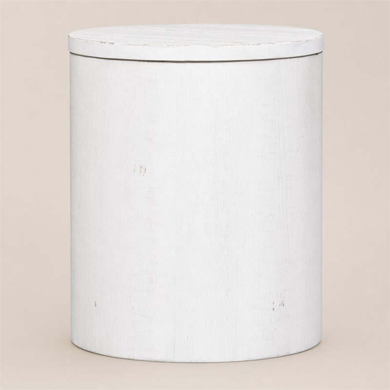 Pemberly Row White Drum End Table with Planked Top and Extra Storage