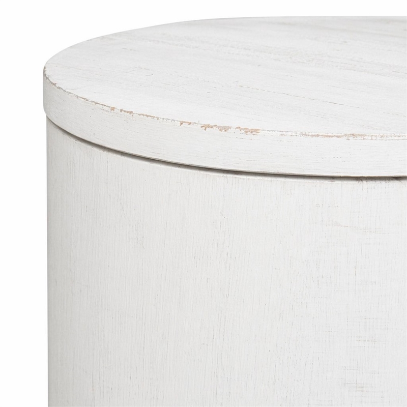 Pemberly Row White Drum End Table with Planked Top and Extra Storage