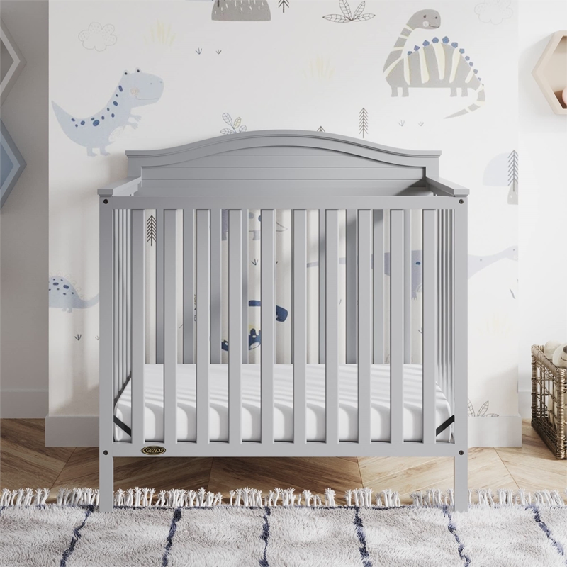 Pemberly Row Mini Convertible Crib in Pebble Gray with Foam Mattress