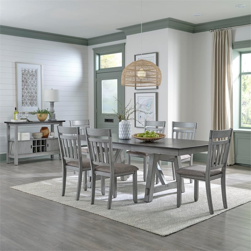 Pemberly Row 7 Piece Trestle Table Set with Splat Back Chairs in Gray