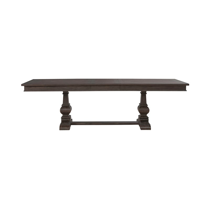 Pemberly Row Trestle Table Set with Easy Glide Leaf in Brown