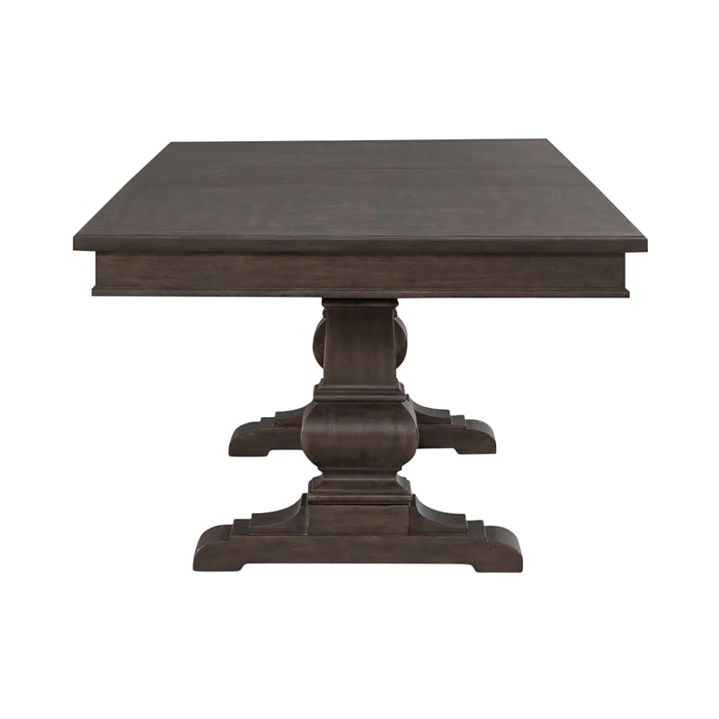 Pemberly Row Trestle Table Set with Easy Glide Leaf in Brown
