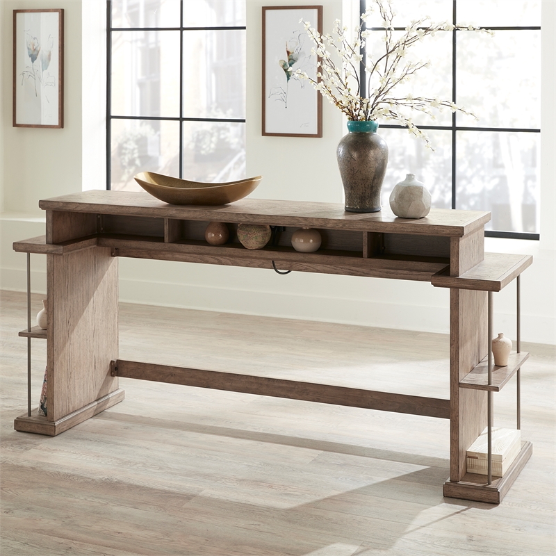 Pemberly Row Wood Console Bar Table with Charging Station in Burnished Beige