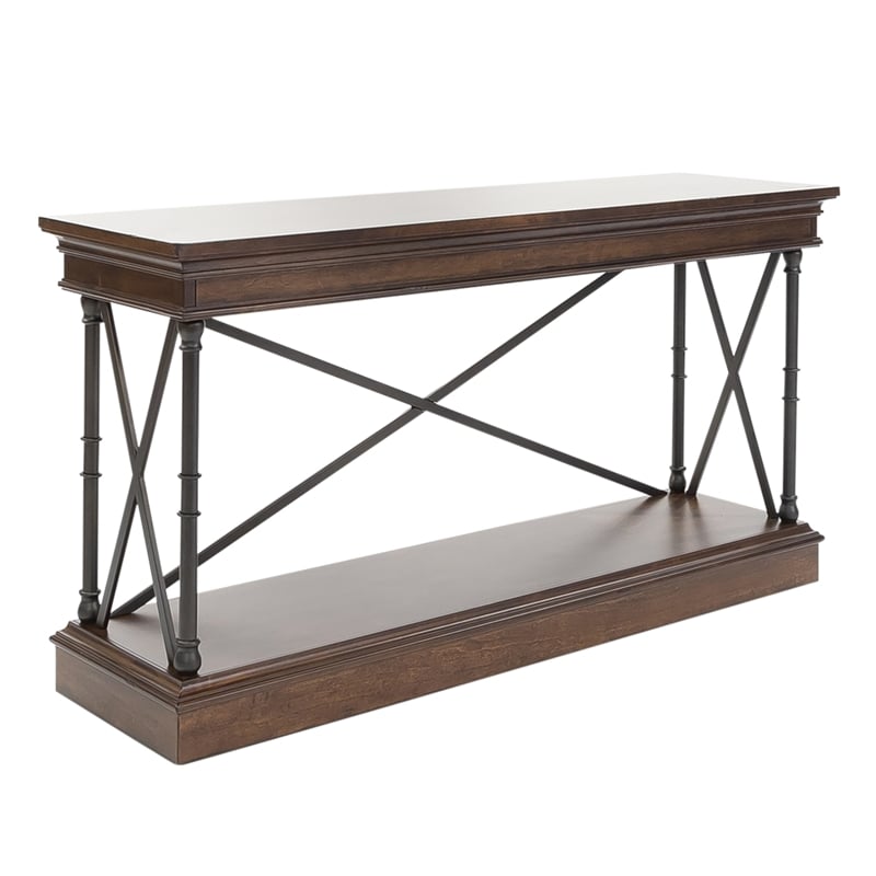 Pemberly Row Sofa Table with X Metal Accents and Walnut Inlay in Brown