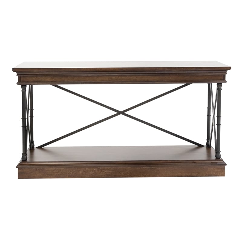 Pemberly Row Sofa Table with X Metal Accents and Walnut Inlay in Brown