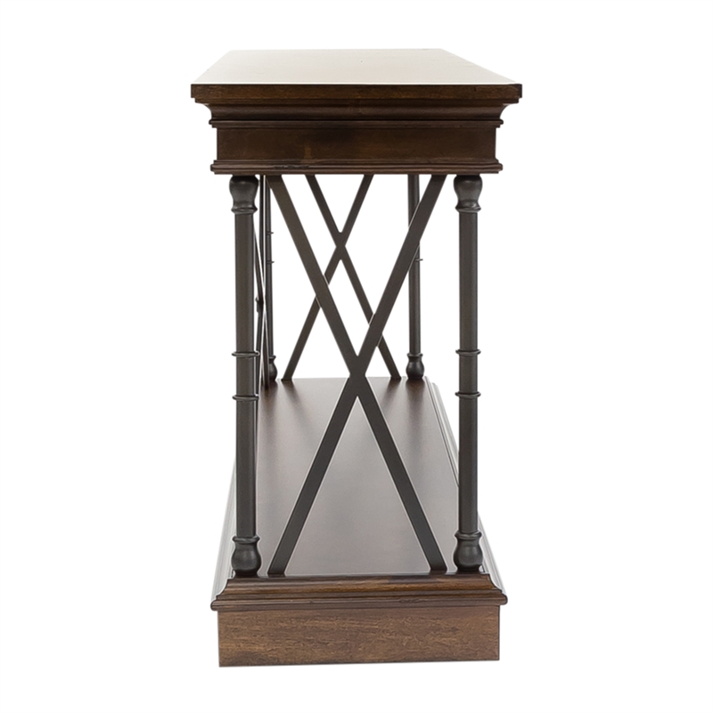 Pemberly Row Sofa Table with X Metal Accents and Walnut Inlay in Brown