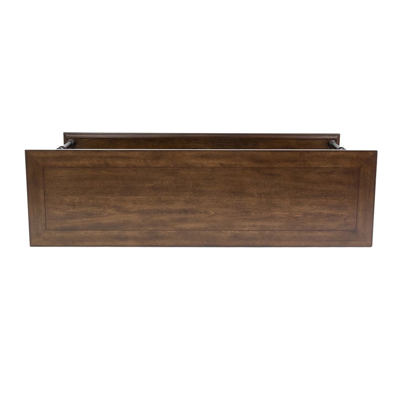 Pemberly Row Sofa Table with X Metal Accents and Walnut Inlay in Brown