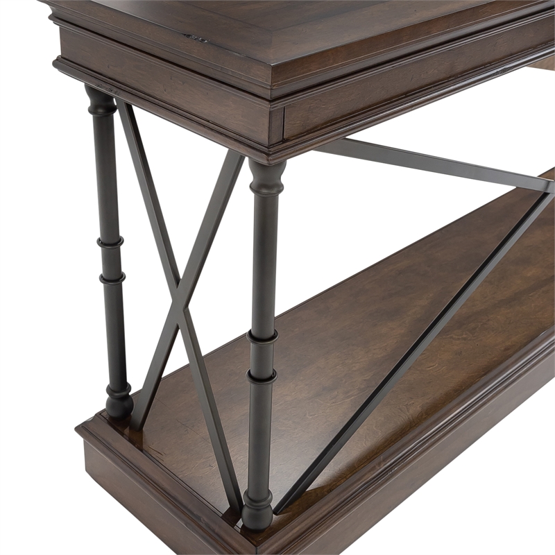 Pemberly Row Sofa Table with X Metal Accents and Walnut Inlay in Brown