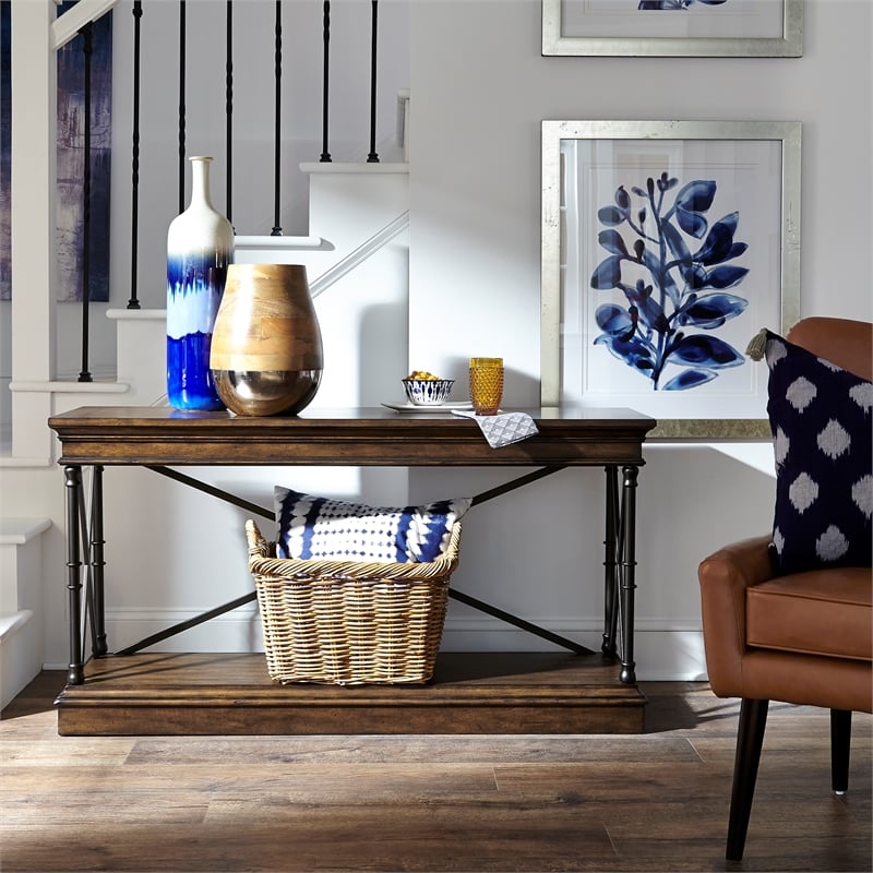 Pemberly Row Sofa Table with X Metal Accents and Walnut Inlay in Brown