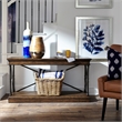 Pemberly Row Sofa Table with X Metal Accents and Walnut Inlay in Brown
