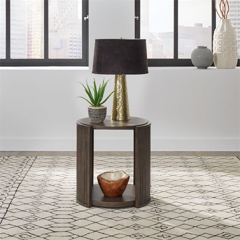 Pemberly Row Round End Table with Starburst Veneer Top in Coffee Bean