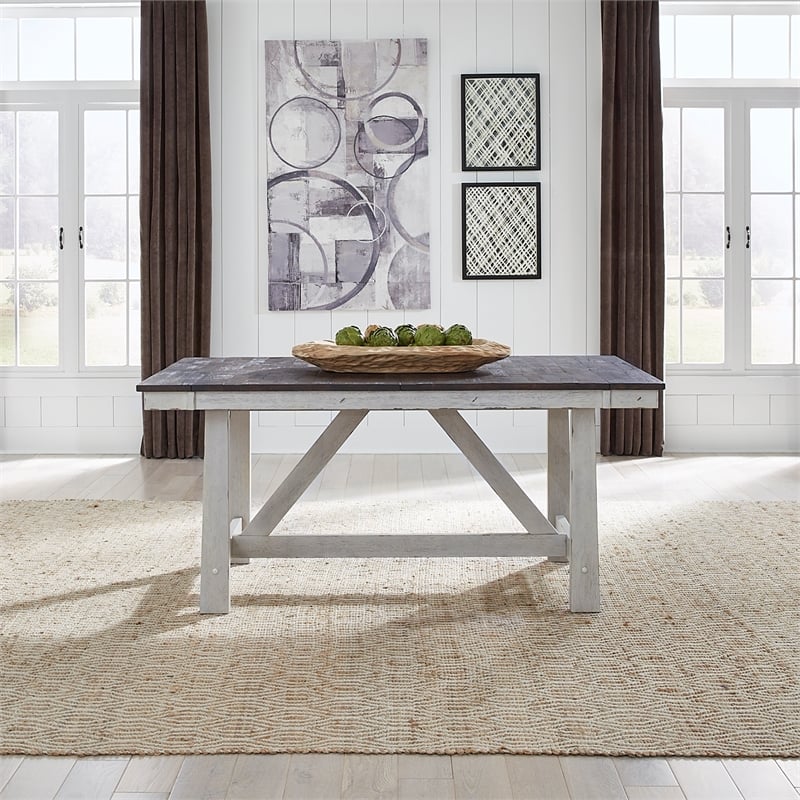 Pemberly Row Farmhouse Trestle Dining Table in Solid Wood White Finish