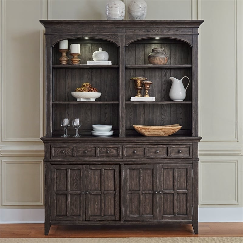 Pemberly Row Hutch and Buffet with Silverware Tray in Saddle Brown