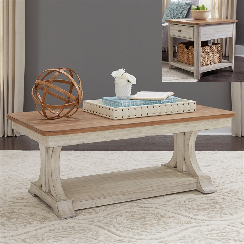Pemberly Row Farmhouse Antique White 3 Pc Table Set with Storage Shelves
