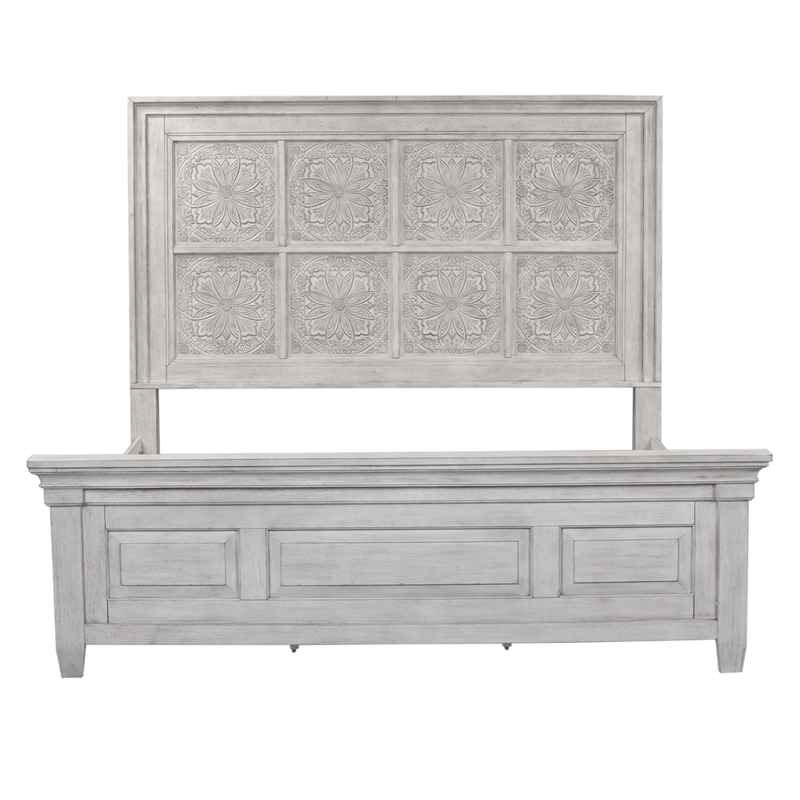 Pemberly Row Farmhouse Queen Panel Bed in Antique White with Distressed Finish