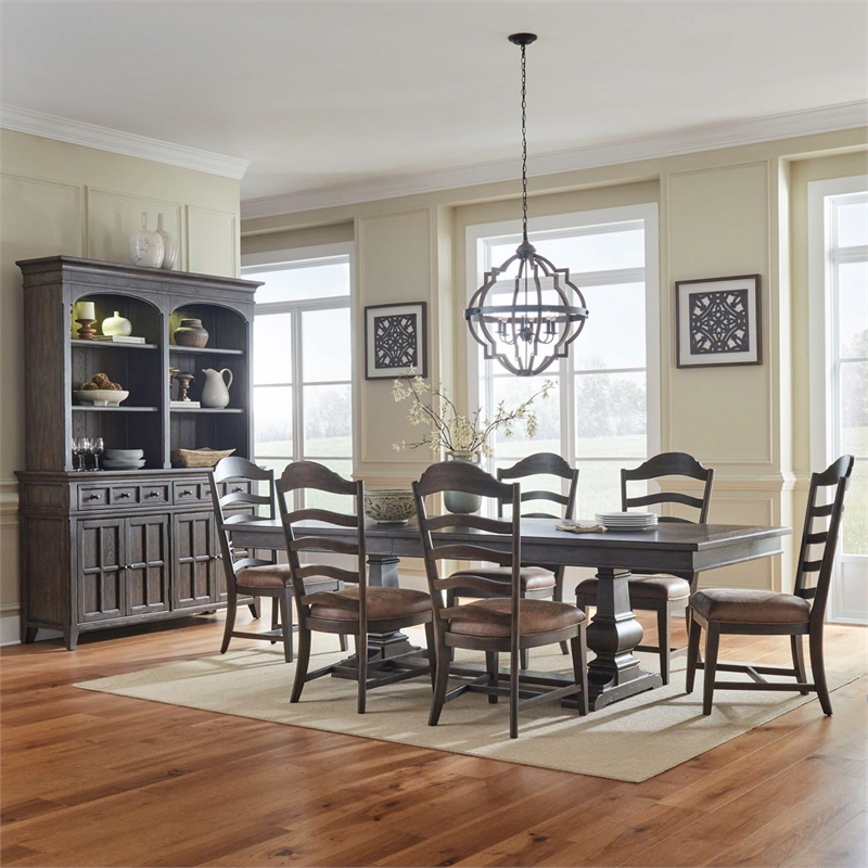Pemberly Row 7 Piece Trestle Table Set with Leather Upholstery in Brown