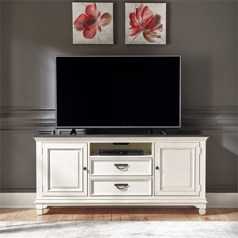 Pemberly Row White 66 Inch TV Console with Dovetail Drawer Construction