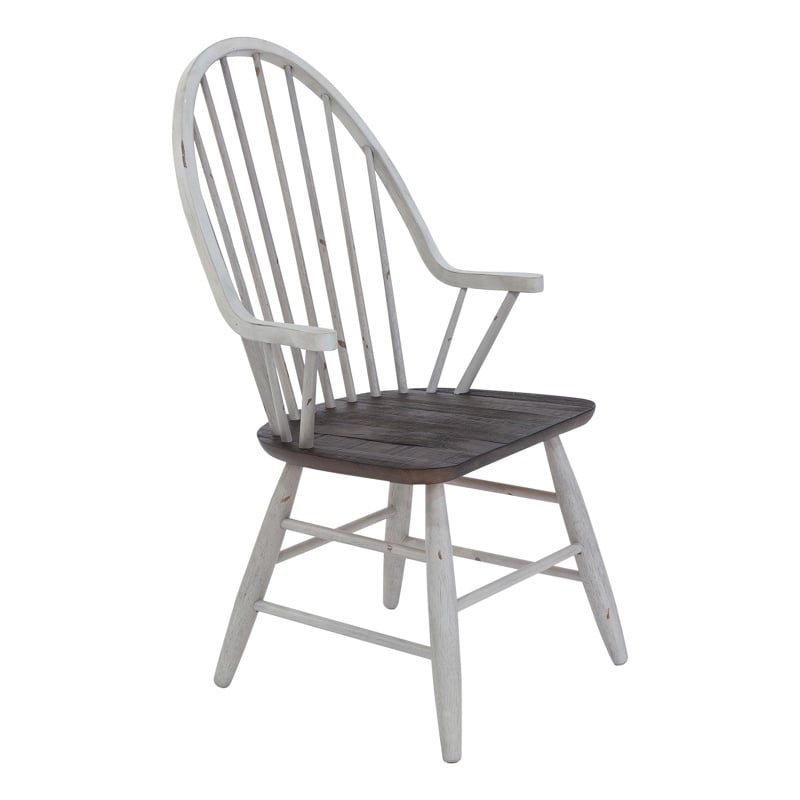 Pemberly Row White Windsor Back Arm Chair with Heavy Distressing