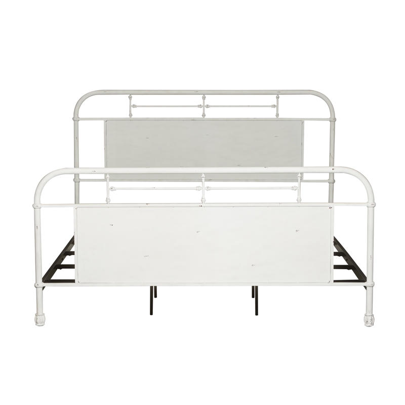 Pemberly Row Metal King Bed with Vintage Styling in Antique White