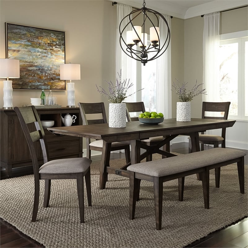 Pemberly Row Dark Brown 6 Piece Trestle Table Set with X Base Accent