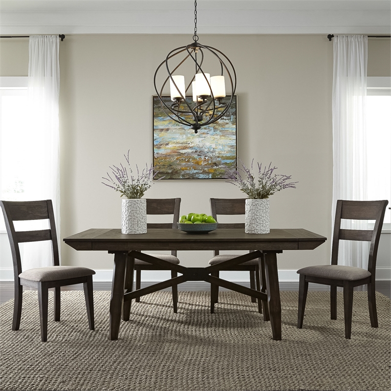 Pemberly Row 5 Piece Trestle Dining Table Set with Linen Seating in Brown