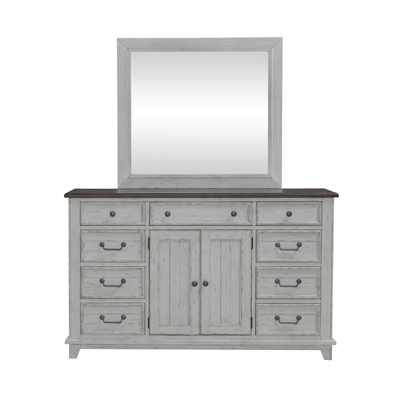 Pemberly Row 9 Drawer Dresser and Mirror with Cedar Lining in Riverstone White