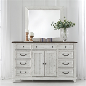 Pemberly Row 9 Drawer Dresser and Mirror with Cedar Lining in Riverstone White