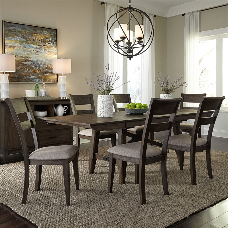 Pemberly Row 7-Piece Trestle Table Set with Dark Chestnut Finish