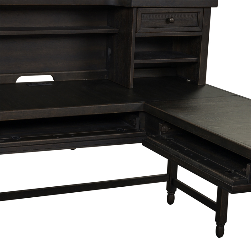 Pemberly Row Black L-Shaped Desk Set with Charging Station and Hutch