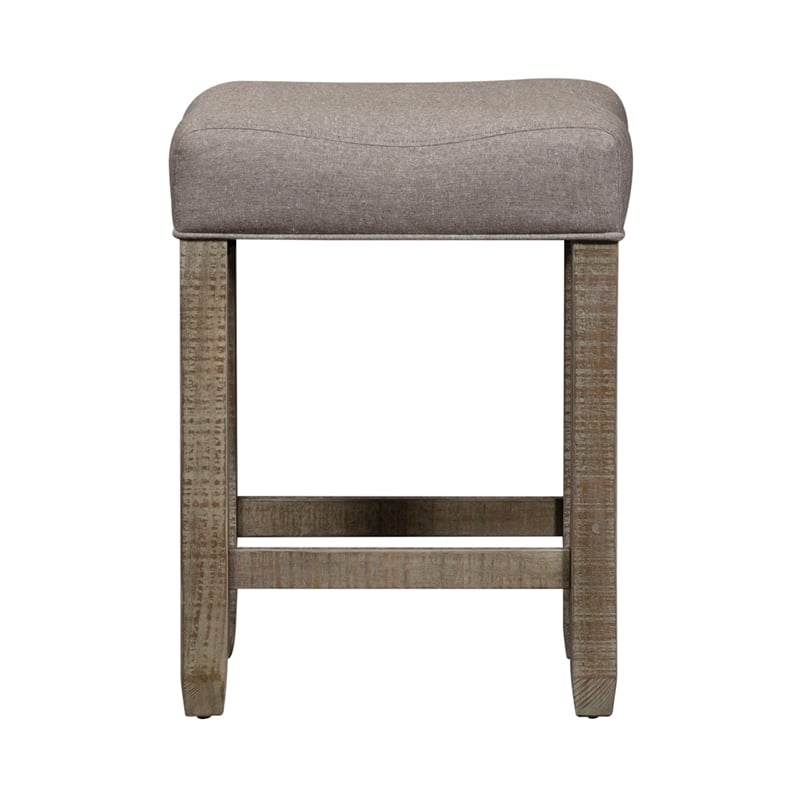 Pemberly Row Light Brown Upholstered Console Stool with Saw Mark Distressing