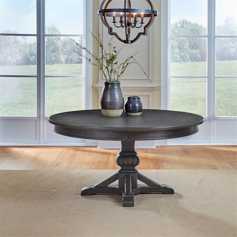 Pemberly Row 5 Piece Pedestal Table Set with Upholstered Chairs in Brown