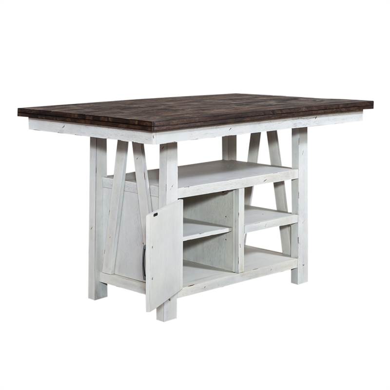 Pemberly Row White Gathering Table with Heavy Distressing and Adj Shelves